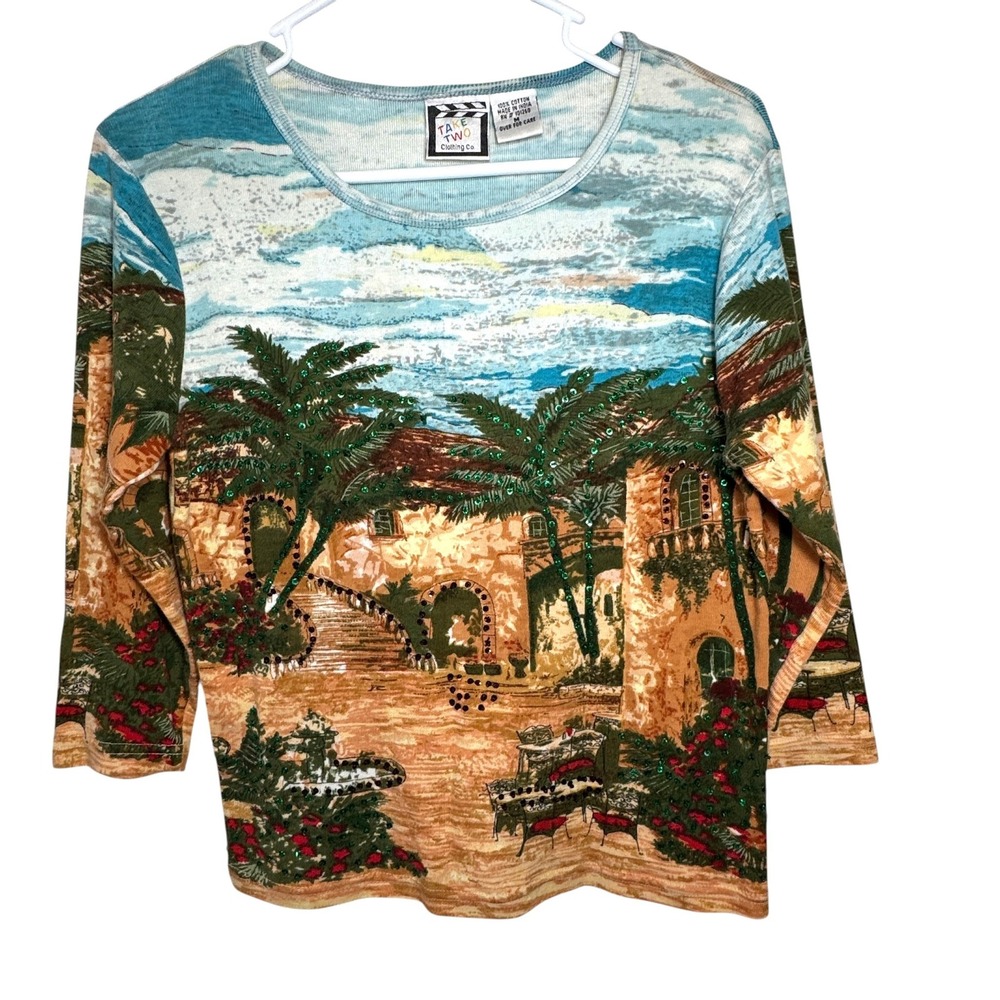 VTG Take Two Scenic Top Womens M Mediterranean Villa Sequin Beaded Cotton Artsy